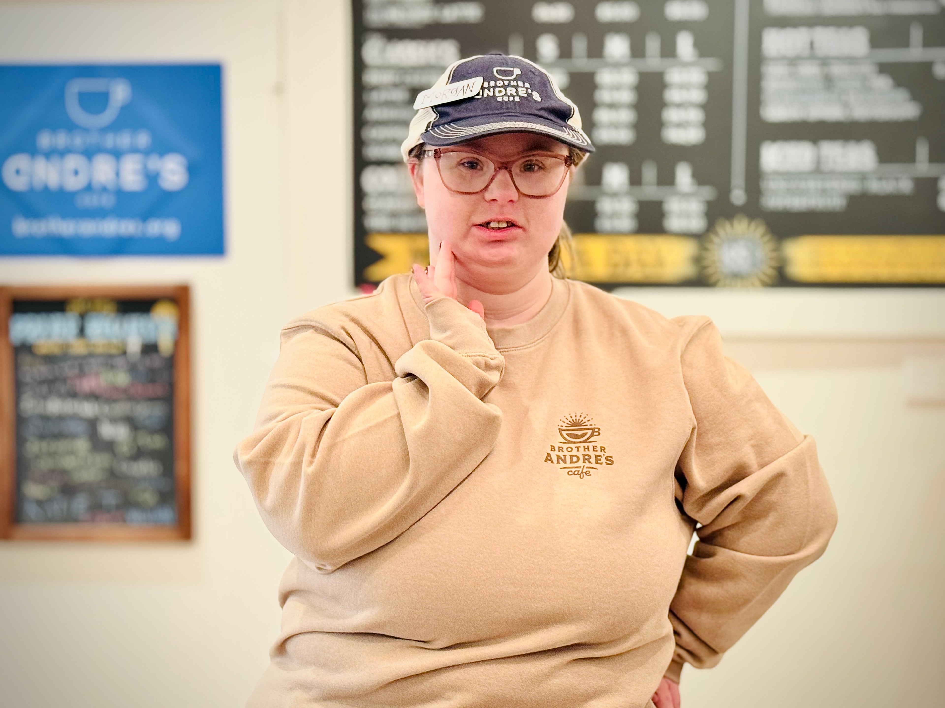 Desert Wanderer crew neck sweatshirt with Brother Andre's Cafe logo